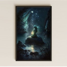 Resim Yıldızlı Gecede Denizkızı Temalı Fantastik Pleksi Tablo 