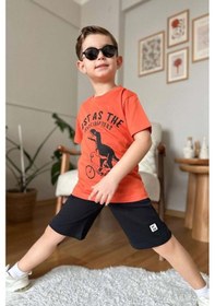 Resim Riccotarz Erkek Çocuk Dinazor Ve Bisiklet Baskılı Turuncu T-shirt Penye Şortlu Takım Turuncu 