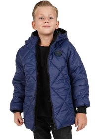 Resim Merdia Kids Erkek Çocuk Su Ve Rüzgar Geçirmez İçi Kürklü Kapüşonlu Mont Baklava Desenli Lacivert 