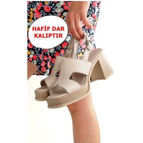 Resim Nadiya Krem Taş Rengi Hakiki Deri Yüksek Kalın Platform Topuklu Kadın Ayakkabı Krem 