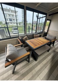 Resim Rovena Lena Alüminyum Bahçe Balkon Köşe Takımı Cappuccino 188x68 3lü 68 X68 2 Li 80/140 Masa Takımı 3+1+1+2 Puf + Masa Siyah 