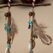 Resim 1 Çift Vintage Boho Tarzı Alaşım Klipsli Küpeler, Bohem Rüya Avcısı Tasarımı ile Turkuaz Boncuklar, Kehribar Kabuk Ayrıntıları ve Metalik Süsler, Delme Gerektirmeyen Şık Sallantılı Küpeler Günlük Kullanım veya Hediye İçin, Açık Gri Tüyler ve Kelebek Kanat Detayları, Kadınlar İçin Retro Bohem Takı, İlginç Küpeler 