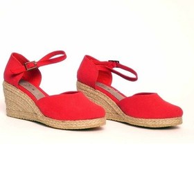 Resim Dolgu Topuk Keten Ön Arka Düz Sandalet Kırmızı Kırmızı 1236 