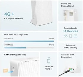Resim Mercusys MB230-4G, AC1200Mbps, Mobil Uygulama Destekli, 64 Cihaza Kadar Bağlantı, SIM Kart Girişli, 2 Adet Ethernet Portlu, Dual-Band Cat 6 4G+ LTE Router 
