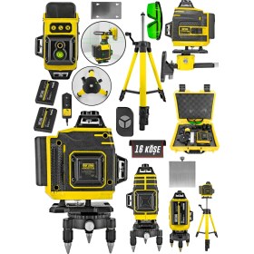 Resim Daflong Tripot Hediyeli Şarjlı Çift Akülü Profesyonel 4 Köşe 4×360 16 Satır Yeşil Çizgi Lazer Hizalama 