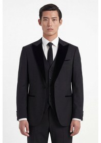 Resim Giotelli Erkek Siyah Dar Kesim Slim Fit Viskon Dokuma Normal Bel 6 Drop Yelekli Klasik Smokin Takım Elbise 