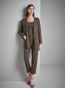 Resim Atkı ve Broş Detaylı Bol Kesim Kahverengi Triko Blazer Ceket - Kahverengi / M 