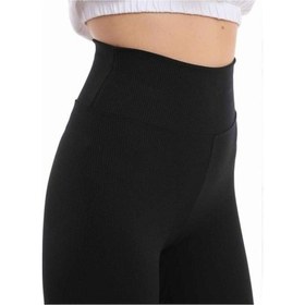 Resim Kadın Modası Kadın Siyah Fitilli Yüksek Bel Dikişsiz Örme Fitilli Tayt (Içlik)Siyah Xl/L Siyah 