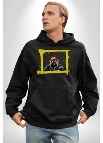 Resim Fantastik Sanatsal Yeni Nesil Kırmızı Bere El İle Dürbün Kadın Erkek Siyah Kapüşonlu Sweatshirt Hoodie Siyah 