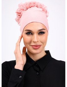 Resim Loggia Fırfırlı Dikişsiz Penye Bone Pembe - Kadın Tesettür Bağlamalı Topuz İç Bone Pudra Pembe 