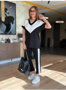 Resim Modaserdem Kadın Kısa Kollu V Yaka Siyah Beyaz Renkli Viskon Iki Iplik Kumaş Eşofman Takımı Siyah 