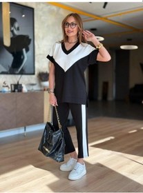 Resim Modaserdem Kadın Kısa Kollu V Yaka Siyah Beyaz Renkli Viskon Iki Iplik Kumaş Eşofman Takımı Siyah 