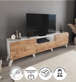 Resim TV Ünitesi 160 Cm TV Sehpası Düşer Kapaklı Tv Ünitesi Televizyon Sehpası Beyaz-Çam 