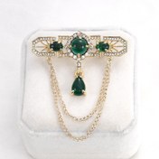 Resim Yeşil Sahte Taş, Altın Tonlu Metal ve Parlayan Rhinestones ile Şık Vintage Barok Saray Broşu - Erkekler için Mükemmel Formal Giyim, Vintage Takı 
