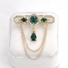 Resim Yeşil Sahte Taş, Altın Tonlu Metal ve Parlayan Rhinestones ile Şık Vintage Barok Saray Broşu - Erkekler için Mükemmel Formal Giyim, Vintage Takı 