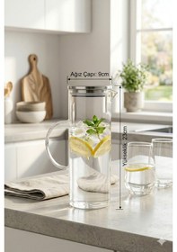 Resim 1200 Ml Borosilikat Isıya Dayanıklı Cam Sürahi Metal Kapaklı Modern Su Karafı 23 Cm X 9 Cm 