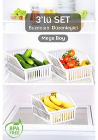 Resim 3 Adet Mega Boy Buzdolabı, Dolap Içi Düzenleyici Organizer, Büyük Boy Buzdolabı Düzenleyici Beyaz 