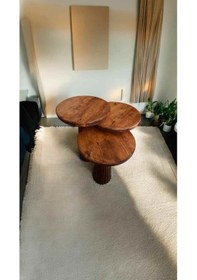 Resim Ahşap Mantar Sehpa 3 Lü Set Fındık Renk Zigon Ve Fiskos Bej 