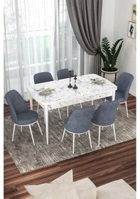 Resim Canisa Kor Serisi, Beyaz Mermer Desen 70x114 Açılabilir Yemek Masa Takımı,6 Füme Sandalye Masa Beyaz Mermer Desenli Sandalyeler Füme 