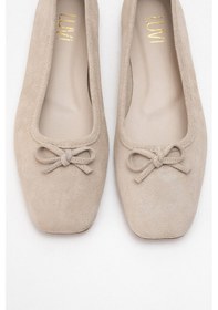 Resim Luvishoes Luvi Shoes Sosa Bej Süet Hakiki Deri Küt Burunlu Fiyonklu Kadın Babet Ayakkabı Bej Süet 