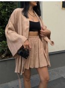 Resim Jakarlı Kimono - Şort Takım - Bej Bej 