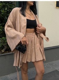 Resim Jakarlı Kimono - Şort Takım - Bej Bej 