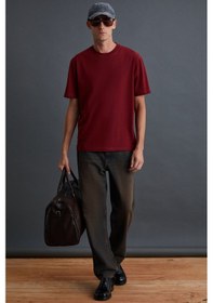 Resim Grimelange Solo Erkek %100 Organik Pamuklu Kalın Dokulu Comfort Fit Bisiklet Yakalı Bordo T-shirt 
