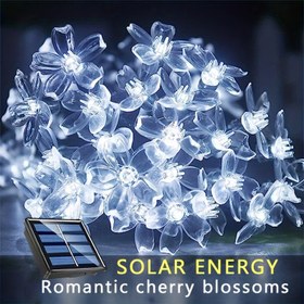 Resim Güneş Enerjili LED Çiçek Dizisi Işıkları, 7m 50 LED, 8 Mod, Plastik Kiraz Çiçekleri, Sisli, Düğme Kontrolü, Beyaz, Dış Mekan Bahçe Balkon Teras Düğün Dekoru, Güneş Şarjı, 600mAh Nikel Pil, Çıkarılabilir Fotovoltaik Modül 