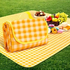 Resim Kum Geçirmez Piknik Battaniyesi - Turuncu Kenarlı Sarı ve Beyaz Ekose Desenli, Kampçılık, Yürüyüş ve Açık Hava Aktiviteleri İçin Uygun Katlanabilir Dayanıklı Dokunmamış Kumaş - Sadece Elde Yıkama, Temel Kamp Ekipmanı | Kareli Desen | Sağlam Tuval Malzeme 