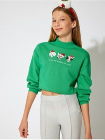Resim Koton Sweatshirt Uzun Kollu Dik Yaka Yılbaşı Temalı Baskı Detaylı Pamuklu Yeşil 5wkg10545ak Koyu Yeşil 