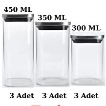 Resim Kitchen Design Lab Vakum Krom Kapaklı Kare Cam Kavanoz 450 ML 350 ML 300 ML Saklama Kabı 9 Adet 