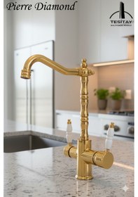 Resim 00-1 Antik Rustik Lüks Arıtmalı Mutfak Bataryası Nostalik Eviye Musluğu Altın 