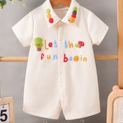 Resim Toddler Waffle Kısa Kollu Romper Renkli Harf Baskısı ile - "Eğlence Başlasın" Tasarımı, Geniş Uygun Yazlık Kıyafet, Yeşil Kaktüs ve Kırmızı Mantar Vurguları ile Beyaz, Outdoor Oyunlar için Mükemmel, Eğlenceli Toddler Giyim, Casual Toddler Giyim, Rahat Toddler Giyim 