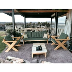 Resim Berlin Masif Ahşap Koltuk Takımı Kestane Ağacı - 3+1+1 Haki Yeşil 