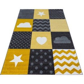 Resim Yuvarlak Soft Yumuşak Çocuk Odası Halısı Kareli Yıldız Kalp Bulut Desenli Gri Sarı Beyaz Sarı 