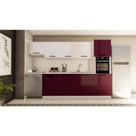 Resim visasconcept 300cm Orkide Hazır Mutfak Dolabı Aspiratör Ve Ankastre Kiler Modüllü Parlak Beyaz Ve Mürdüm 