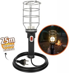 Resim Siyah 25 mt Plastik Saplı Metal Koruma Kafesli kablolu E27 Standart Duy Seyyar El Lambası 