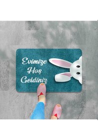 Resim Dijital Baskılı Kapı Önü Paspas Hoşgeldiniz Yazılı Çiçek Desen Ve Tavşan Iç Ve Dış Kapı Yıkanabilir Lacivert 