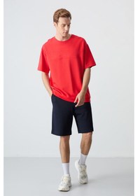 Resim Fiesta Lacivert Pamuklu Kalın Yumuşak Dokulu Oversize Fit Basic Erkek Şort Takım - 85257 Kırmızı 