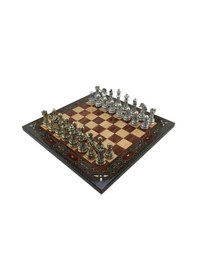 Resim Gifthome Premium Battal Boy Metal İşlemeli Klasik Satranç Takımı Ve El Yapımı Düz Masif Ahşap Satranç Tahtası 