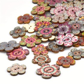 Resim 200 adet Bohem Çiçek Baskılı Ahşap Düğmeler - Renkli El Boyaması 2 Delikli Dikiş Düğmeleri DIY El İşleri için, Vintage Dekorasyonlar ve Aksesuarlar, Giysi Düğmeleri 