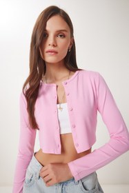 Resim Happiness İstanbul Kadın Pembe Çilek Örme Crop Bolero Hırka UB00384 