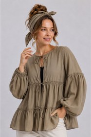 Resim GLOW MUSE Kolu Lastikli Önü Bağlamalı Katlı Kimono -Haki 