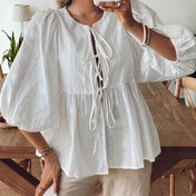 Resim Ön Bağcıklı ve Fırfırlı Kollu Kadınlar İçin Şık Yuvarlak Yaka Çiçek Nakışlı Bluz - İlkbahar Yaz Sonbahar için Hafif %100 Polyester Yarı Şeffaf Üst, Makinede Yıkanabilir Günlükten Resmiye Giyim 
