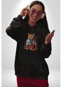 Resim Suşi Balık Çiçek Japon Kedi Kadın Erkek Siyah Kapüşonlu Sweatshirt Hoodie Siyah 