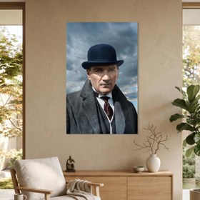 Resim Melon Şapka Atatürk Portre Cam Tablo - Çerçevesiz / 46x72 cm 