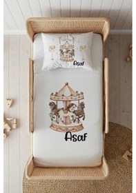 Resim %100 Pamuk Saten İsme Özel İsimli 100x200 Tek Kişilik Lastikli Çarşaf Seti Atlıkarınca Beyaz 