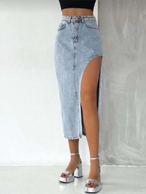 Resim 2094 Kadın Likrasız Yandan Yırtmaçlı Jeans Kot Denim Etek Beyaz 