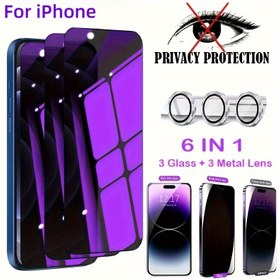 Resim 6-In-1 [3 Adet Anti Mavi Işın Gizlilik Koruma Camı + 3 Adet Kamera Lensi] IPhone 15/14/13 Pro Max/14/15 Plus/15 Pro/14 Pro/13 Pro Ekran Koruyucu Filmi Için 9H Anti Peep Temperli Cam 