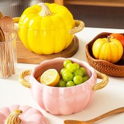 Resim 1 Set Balkabağı Şeklinde Çorba Tenceresi, Pişirme Tavası, Çift Saplı ve Kapaklı Seramik Yemek Tenceresi - Büyük Kapasite, Servis, Pişirme ve Halloween Süslemeleri için Mükemmel, Tatlılar, Meyveler, Çorbalar ve Yemekler için İdeal 